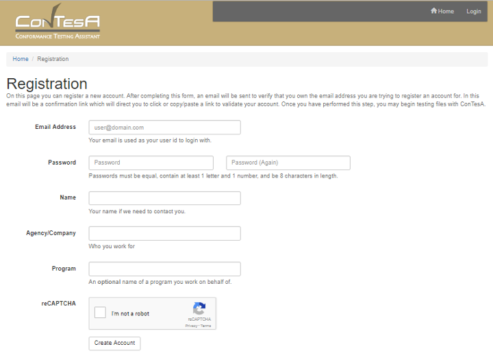 Image of the ConTesA Account Registration Page